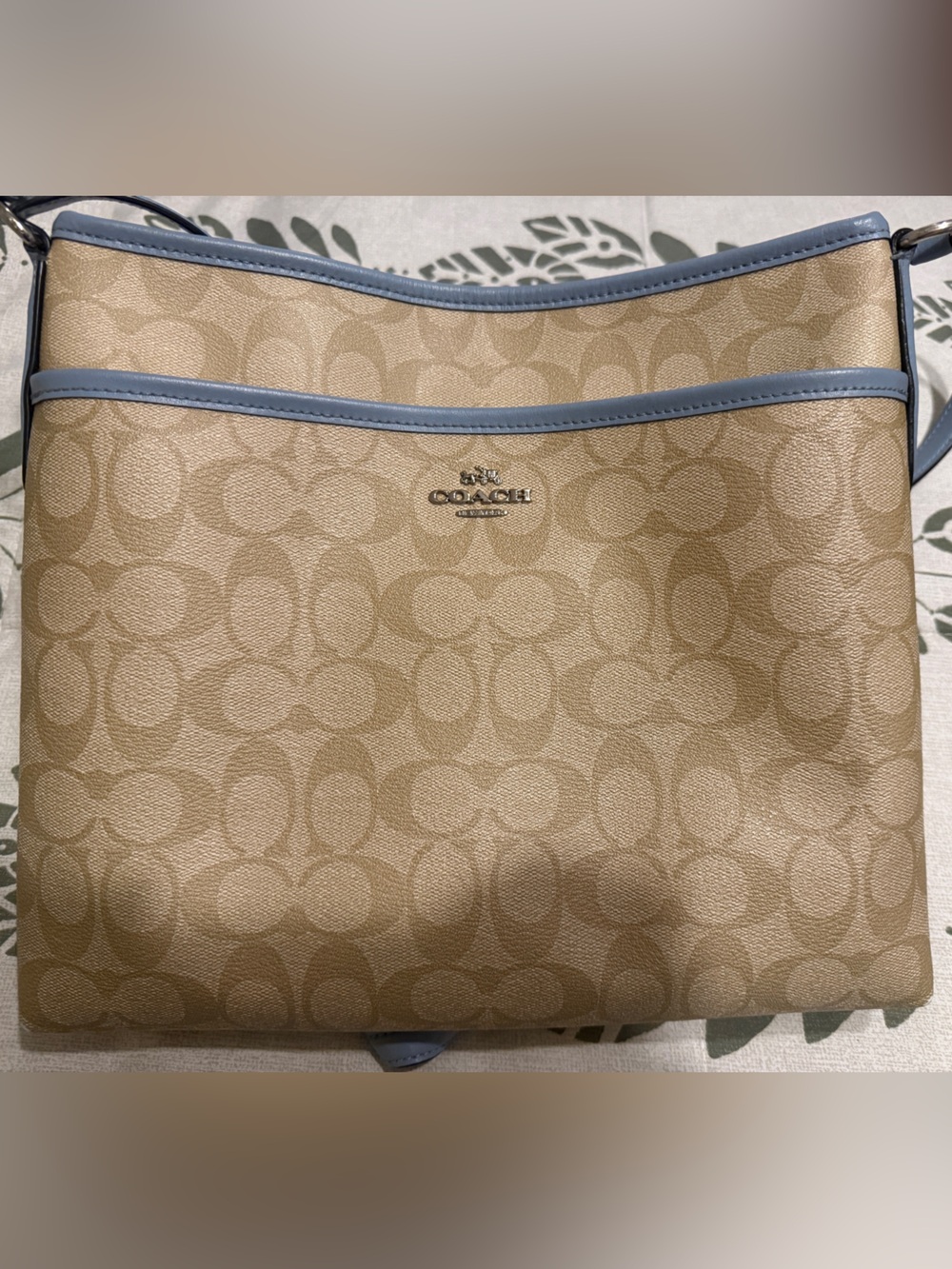 Coach Khaki Signature Canvas Crossbody Bag with Light Blue Trim